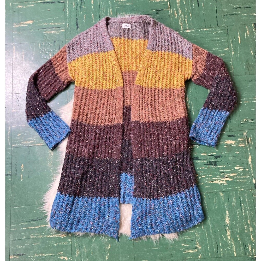 BKE Open Cardigan Sweater Colorblock Small Soft Eyelash Knit Boho Western - Picture 5 of 9